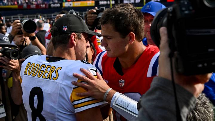 Sep 21, 2025; Foxborough, Massachusetts, USA; Pittsburgh Steelers quarterback Aaron Rodgers (8) and New England Patriots quarterback Drake Maye (10) after the game at Gillette Stadium. Mandatory Credit: Brian Fluharty-Imagn Images Sep 21, 2025; Foxborough, Massachusetts, USA; Pittsburgh Steelers quarterback Aaron Rodgers (8) and New England Patriots quarterback Drake Maye (10) after the game at Gillette Stadium. Mandatory Credit: Brian Fluharty-Imagn Images