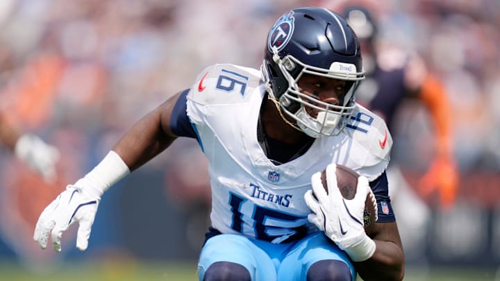 Tennessee Titans wide receiver Treylon Burks (16) runs against the Chicago Bears during the third quarter at Soldier Field in Chicago, Ill., Sunday, Sept. 8, 2024.