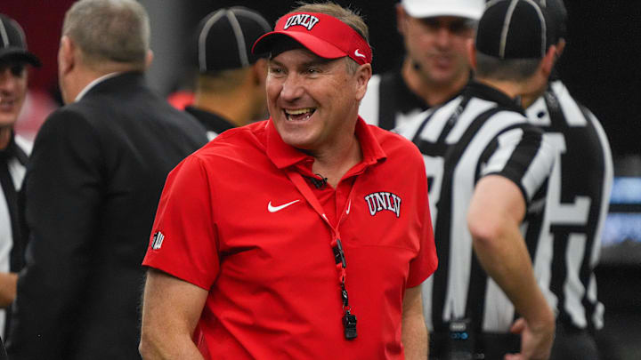 UNLV Rebels head coach Dan Mullen talk on the field prior to game against the Ohio Bobcats at the Ford Center at The Star. Mandatory Credit: Raymond Carlin III-Imagn Images