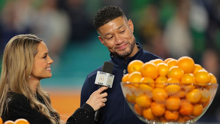 (EDITORS NOTE: caption correction) Jan 9, 2025; Miami, FL, USA; Notre Dame Fighting Irish head coach Marcus Freeman celebrates defeating the Penn State Nittany Lions in the Orange Bowl at Hard Rock Stadium. (EDITORS NOTE: caption correction) Jan 9, 2025; Miami, FL, USA; Notre Dame Fighting Irish head coach Marcus Freeman celebrates defeating the Penn State Nittany Lions in the Orange Bowl at Hard Rock Stadium.