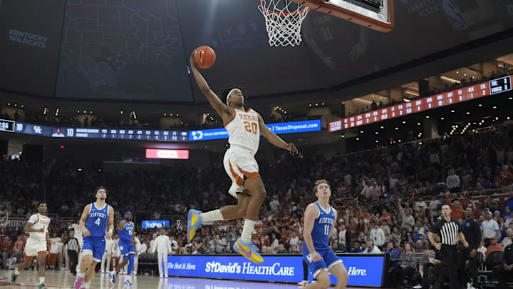 Feb 15, 2025; Austin, Texas, USA; Texas Longhorns guard Tre Johnson (20) goes up to dunk during the first half against the Kentucky Wildcats at Moody Center. Mandatory Credit: Scott Wachter-Imagn Images