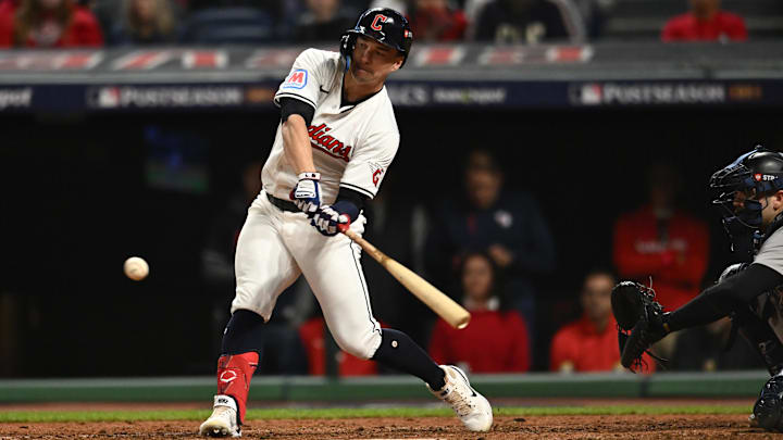 Oct 17, 2024: Cleveland Guardians outfielder Will Brennan (17) hits a double during the eighth inning against the New York Yankees in game 3 of the American League Championship Series at Progressive Field. 