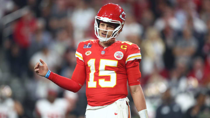 Feb 11, 2024; Paradise, Nevada, USA; Kansas City Chiefs quarterback Patrick Mahomes (15) reacts against the San Francisco 49ers in the fourth quarter in Super Bowl LVIII at Allegiant Stadium. Mandatory Credit: Mark J. Rebilas-USA TODAY Sports Feb 11, 2024; Paradise, Nevada, USA; Kansas City Chiefs quarterback Patrick Mahomes (15) reacts against the San Francisco 49ers in the fourth quarter in Super Bowl LVIII at Allegiant Stadium. Mandatory Credit: Mark J. Rebilas-USA TODAY Sports
