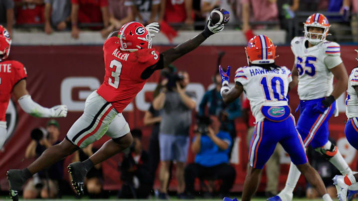 Georgia Bulldogs linebacker CJ Allen (3) breaks up a pass intended for Florida Gators wide receiver Tank Hawkins (10) during the fourth quarter of an NCAA college football matchup Saturday, Nov. 2, 2024 at EverBank Stadium in Jacksonville, Fla. The Georgia Bulldogs defeated the Florida Gators 34-20. [Corey Perrine/Florida Times-Union]