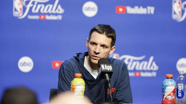 Jun 4, 2025; Oklahoma City, OK, USA; Oklahoma City Thunder head coach Mark Daigneault during NBA Finals Media Day at Paycom Center. Mandatory Credit: Alonzo Adams-Imagn Images