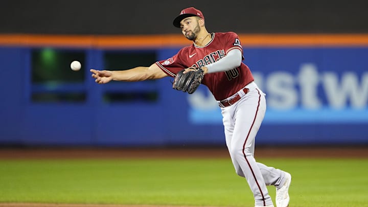 Sep 13, 2023; New York City, New York, USA; Arizona Diamondbacks shortstop Jordan Lawlar (10) throws out New York Mets right Fielder DJ Steward (not pictured) after fielding a ground ball during the fourth inning at Citi Field. Mandatory Credit: Gregory Fisher-Imagn Images