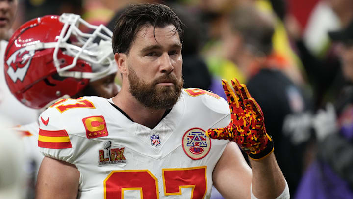 Feb 9, 2025; New Orleans, LA, USA; Kansas City Chiefs tight end Travis Kelce (87) takes the field before Super Bowl LIX against the Philadelphia Eagles at Caesars Superdome. Mandatory Credit: Kirby Lee-Imagn Images