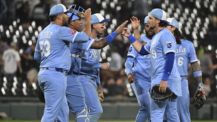 Aug 26, 2025; Chicago, Illinois, USA; Kansas City Royals players celebrate after the game against Chicago White Sox at Rate Field. Mandatory Credit: Matt Marton-Imagn Images Aug 26, 2025; Chicago, Illinois, USA; Kansas City Royals players celebrate after the game against Chicago White Sox at Rate Field. Mandatory Credit: Matt Marton-Imagn Images