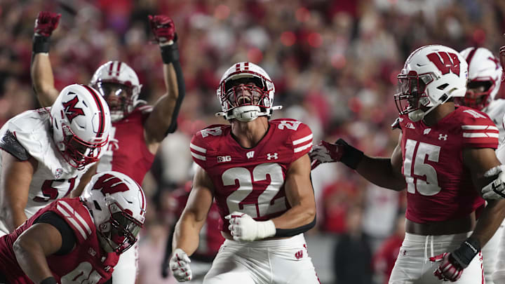 Aug 28, 2025; Madison, Wisconsin, USA; Wisconsin Badgers linebacker Mason Reiger (22) celebrates a play during the game against the Miami (OH) RedHawks at Camp Randall Stadium. Mandatory Credit: Jeff Hanisch-Imagn Images Aug 28, 2025; Madison, Wisconsin, USA; Wisconsin Badgers linebacker Mason Reiger (22) celebrates a play during the game against the Miami (OH) RedHawks at Camp Randall Stadium. Mandatory Credit: Jeff Hanisch-Imagn Images