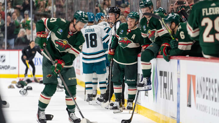 Mar 3, 2024; Saint Paul, Minnesota, USA; Minnesota Wild left wing Kirill Kaprizov (97) celebrates