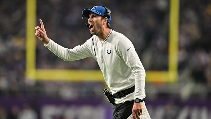 Indianapolis Colts head coach Shane Steichen reacts during the second quarter against the Minnesota Vikings at U.S. Bank Stadium.