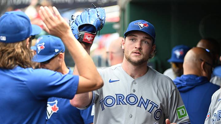 Jul 29, 2026; Washington, District of Columbia, USA; Toronto Blue Jays pitcher Trey Yesavage (39) is congratulated by teammates after leaving the game against the Washington Nationals during the seventh inning at Nationals Park. Mandatory Credit: Brad Mills-Imagn Images