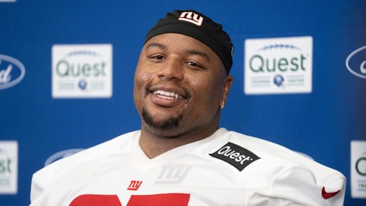 New York Giants defensive tackle Dexter Lawrence II (97) speaks at a press conference during day one of the New York Giants training camp at Quest Diagnostics Giants Training Center in East Rutherford on Wednesday, July 23, 2025.