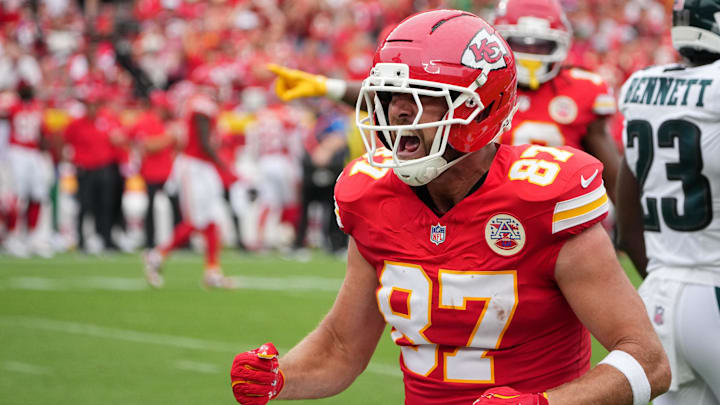 Chiefs tight end Travis Kelce celebrates after a play during Kansas City's 20-17 loss to the Eagles in Week 2.
