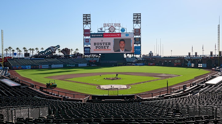 Oct 1, 2024; San Francisco, CA, USA; A general view of the video scoreboard at Oracle Park before a press conference to introduce new president of baseball operations Buster Posey.  Mandatory Credit: Robert Edwards-Imagn Images
