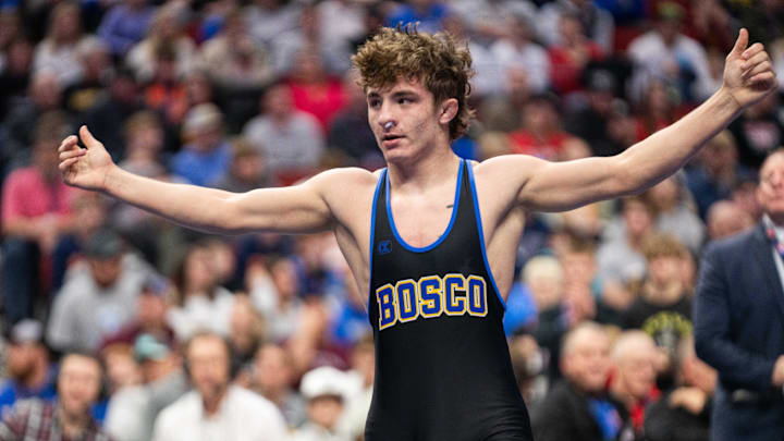 Don Bosco's Dawson Youngblut wins over Alburnett's Preston Klostermann at 138 lbs during the Class 1A state wresting final on Saturday, Feb. 22, 2025, at Wells Fargo Arena in Des Moines.