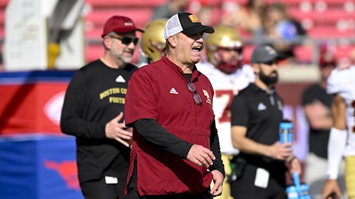 Nov 16, 2024; Dallas, Texas, USA; Boston College Eagles head coach Bill O'Brien looks on before the game between the SMU Mustangs and the Boston College Eagles at the Gerald J. Ford Stadium. Mandatory Credit: Jerome Miron-Imagn Images