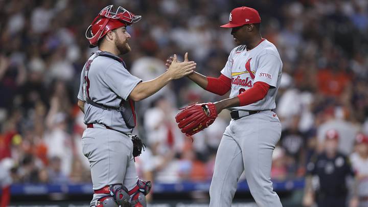 Apr 17, 2026; Houston, Texas, USA; St. Louis Cardinals catcher Pedro Pages (43) and pitcher George Soriano (65) celebrate after the game against the Houston Astros at Daikin Park. Mandatory Credit: Troy Taormina-Imagn Images
