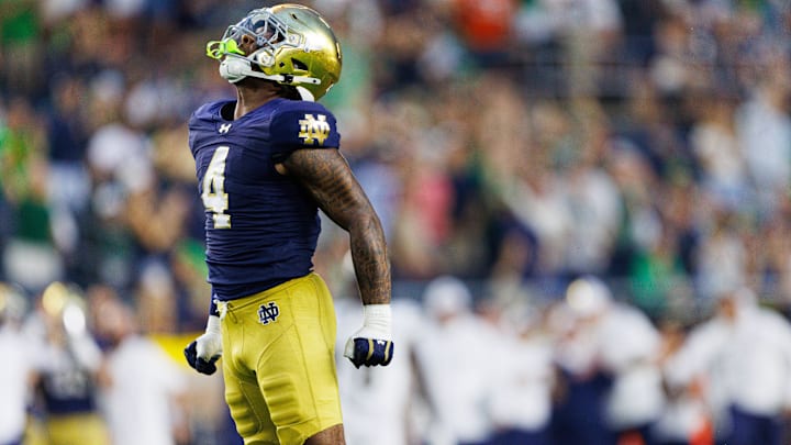 Notre Dame linebacker Jaiden Ausberry celebrates assisting with a sack during the second half of a NCAA football game against Purdue at Notre Dame Stadium on Saturday, Sept. 20, 2025, in South Bend. Notre Dame linebacker Jaiden Ausberry celebrates assisting with a sack during the second half of a NCAA football game against Purdue at Notre Dame Stadium on Saturday, Sept. 20, 2025, in South Bend.