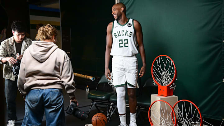 Sep 30, 2024; Milwaukee, WI, USA;  Milwaukee Bucks center Khris Middleton (22) gets ready for a photo shoot during Media Day at Fiserv Forum. Mandatory Credit: Benny Sieu-Imagn Images
