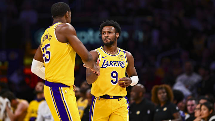 Apr 11, 2025; Los Angeles, California, USA: Los Angeles Lakers guard Bronny James Jr. (9) celebrates with center Trey Jemison III (55) after scoring against the Houston Rockets during the second half at Crypto.com Arena. Mandatory Credit: Jonathan Hui-Imagn Images Apr 11, 2025; Los Angeles, California, USA: Los Angeles Lakers guard Bronny James Jr. (9) celebrates with center Trey Jemison III (55) after scoring against the Houston Rockets during the second half at Crypto.com Arena. Mandatory Credit: Jonathan Hui-Imagn Images
