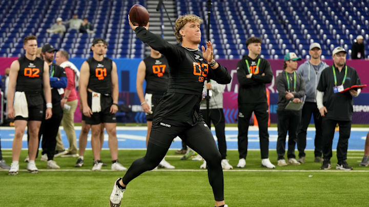 Mar 1, 2025; Indianapolis, IN, USA; Mississippi quarterback Jaxson Dart (QB03) during the 2025 NFL Combine at Lucas Oil Stadium. Mandatory Credit: Kirby Lee-Imagn Images