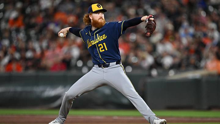 Sep 18, 2026; Baltimore, Maryland, USA; Milwaukee Brewers pitcher Dustin May (21) pitches in the second inning against the Baltimore Orioles at Oriole Park at Camden Yards. Mandatory Credit: Jamie Sabau-Imagn Images Sep 18, 2026; Baltimore, Maryland, USA; Milwaukee Brewers pitcher Dustin May (21) pitches in the second inning against the Baltimore Orioles at Oriole Park at Camden Yards. Mandatory Credit: Jamie Sabau-Imagn Images