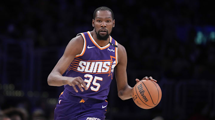 Mar 16, 2025; Los Angeles, California, USA; Phoenix Suns forward Kevin Durant (35) dribbles the ball against the Los Angeles Lakers in the second half at Crypto.com Arena. Mandatory Credit: Kirby Lee-Imagn Images Mar 16, 2025; Los Angeles, California, USA; Phoenix Suns forward Kevin Durant (35) dribbles the ball against the Los Angeles Lakers in the second half at Crypto.com Arena. Mandatory Credit: Kirby Lee-Imagn Images