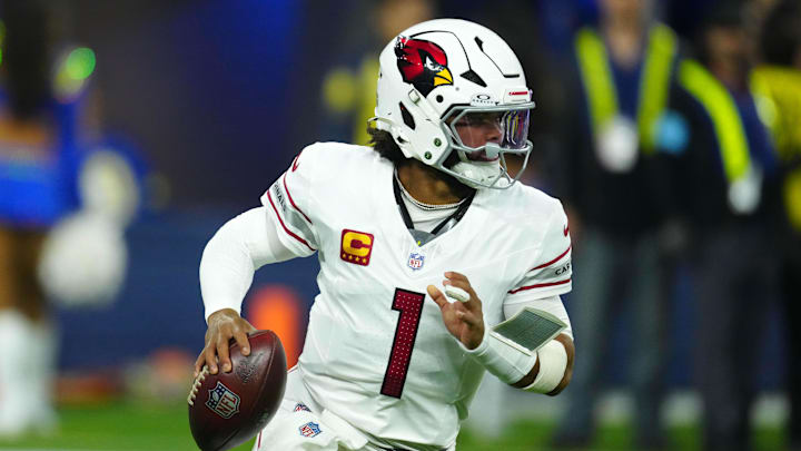 Dec 28, 2024; Inglewood, California, USA; Arizona Cardinals quarterback Kyler Murray (1) looks to throw the ball against the Los Angeles Rams in the first half at SoFi Stadium. Mandatory Credit: Kirby Lee-Imagn Images