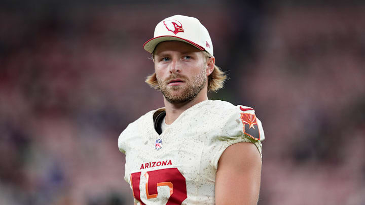 Sep 25, 2025; Glendale, Arizona, USA; Arizona Cardinals punter Blake Gillikin (12) looks on before the game against the Seattle Seahawks at State Farm Stadium. Mandatory Credit: Joe Camporeale-Imagn Images