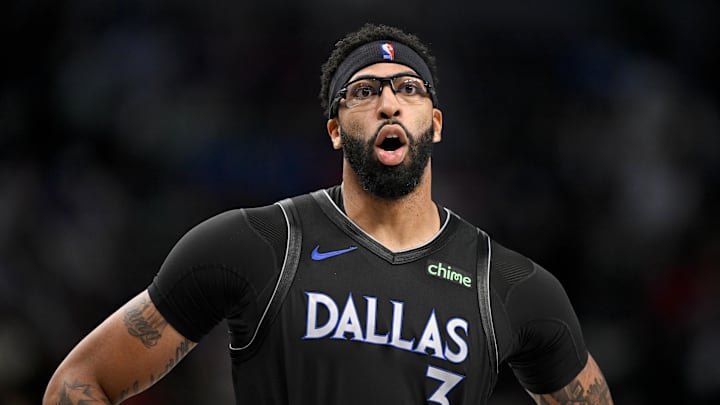 Dec 23, 2025; Dallas, Texas, USA; Dallas Mavericks forward Anthony Davis (3) looks on during the second half against the Denver Nuggets at the American Airlines Center. Mandatory Credit: Jerome Miron-Imagn Images