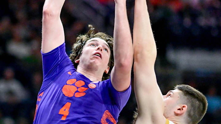 Mar 2, 2024; South Bend, Indiana, USA; Clemson Tigers forward Ian Schieffelin (4) goes up for a shot