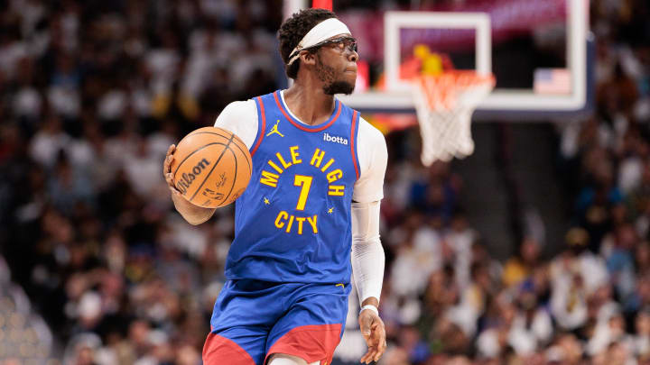 Apr 20, 2024; Denver, Colorado, USA; Denver Nuggets guard Reggie Jackson (7) drives to the basket during the first quarter against the Los Angeles Lakers in game one of the first round for the 2024 NBA playoffs at Ball Arena. Mandatory Credit: Andrew Wevers-USA TODAY Sports