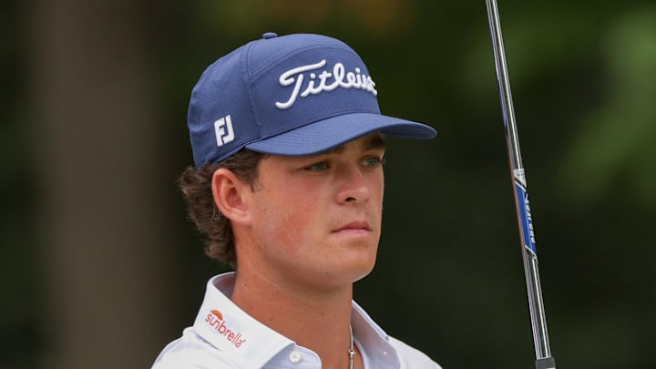 Aug 3, 2025; Greensboro, North Carolina, USA; Jackson Koivun hits from the 6th tee box during the final round of the Wyndham Championship golf tournament. Mandatory Credit: Allison Lawhon-Imagn Images