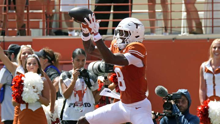 Sep 5, 2026; Austin, Texas, USA; Texas Longhorns wide receiver Cam Coleman (8) catches a pass for a touchdown during the first quarter against the Texas State Bobcats at Darrell K Royal-Texas Memorial Stadium. Mandatory Credit: Scott Wachter-Imagn Images Sep 5, 2026; Austin, Texas, USA; Texas Longhorns wide receiver Cam Coleman (8) catches a pass for a touchdown during the first quarter against the Texas State Bobcats at Darrell K Royal-Texas Memorial Stadium. Mandatory Credit: Scott Wachter-Imagn Images
