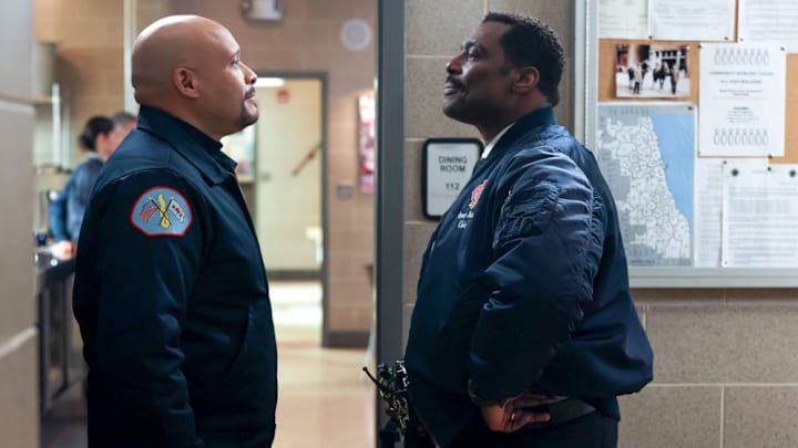 CHICAGO FIRE -- "Trapped" Episode 12003 -- Pictured: (l-r) Joe Minoso as Joe Cruz, Eamonn Walker as Chief Wallace Boden-- (Photo by: Adrian S Burrows Sr/NBC)