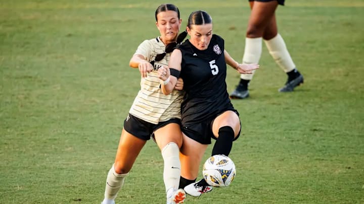Mississippi State Midfielder Ally Perry (#5) during the match between the Wake Forest Demon Deacons and the Mississippi State Bulldogs at the MSU Soccer Field in Starkville, MS Mississippi State Midfielder Ally Perry (#5) during the match between the Wake Forest Demon Deacons and the Mississippi State Bulldogs at the MSU Soccer Field in Starkville, MS