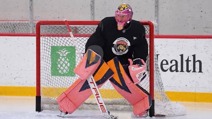 Panthers goalie Akira Schmid shows off his colorful Hometown Remix gear that the team will debut Monday against the Red Wings. (Courtesy Florida Panthers) Panthers goalie Akira Schmid shows off his colorful Hometown Remix gear that the team will debut Monday against the Red Wings. (Courtesy Florida Panthers)