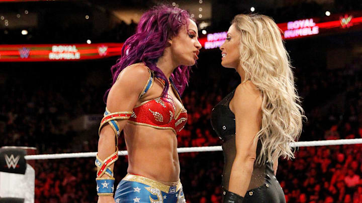 Trish Stratus and Sasha Banks stare each other down at 2018 Royal Rumble