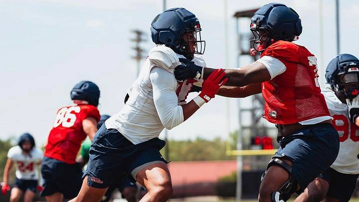Ole Miss transfer defensive end Jonathan Maldonado during a fall camp practice rep against the second-team offense (2026). 