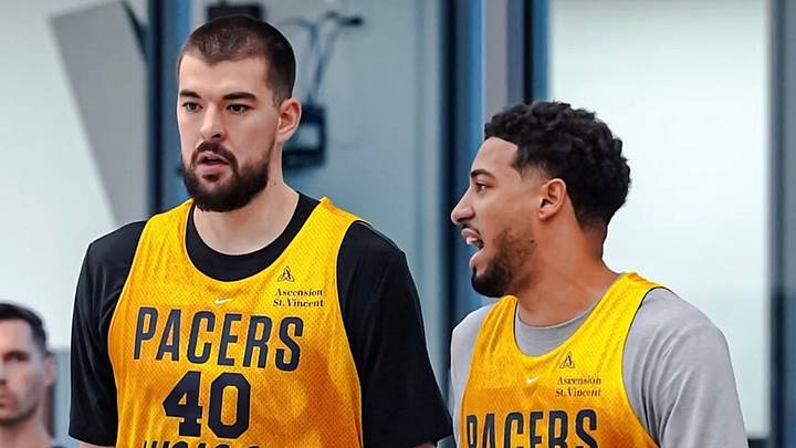 Tyrese Haliburton talks with Ivica Zubac during day two of Pacers Training Camp. Tyrese Haliburton talks with Ivica Zubac during day two of Pacers Training Camp.
