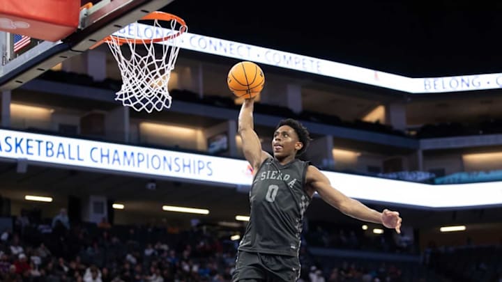 Sierra Canyon's Brandon McCoy Jr. soars for a dunk against Salesian Prep in the CIF State Open Division title game at the Golden 1 Center in Sacramento on March 14, 2026.