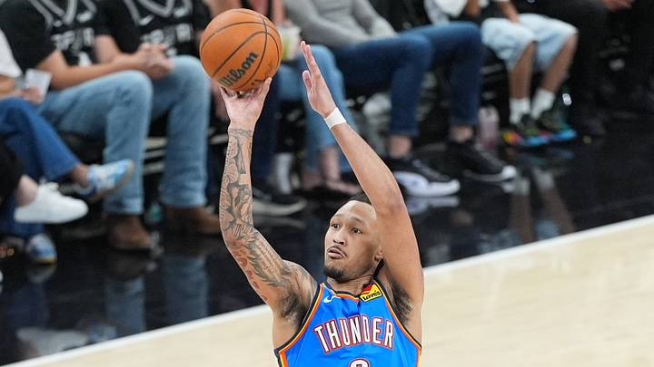 May 24, 2026; San Antonio, Texas, USA; Oklahoma City Thunder forward Jaylin Williams (6) shoots in the third quarter against the San Antonio Spurs during game four of the western conference finals for the 2026 NBA playoffs at Frost Bank Center. May 24, 2026; San Antonio, Texas, USA; Oklahoma City Thunder forward Jaylin Williams (6) shoots in the third quarter against the San Antonio Spurs during game four of the western conference finals for the 2026 NBA playoffs at Frost Bank Center.