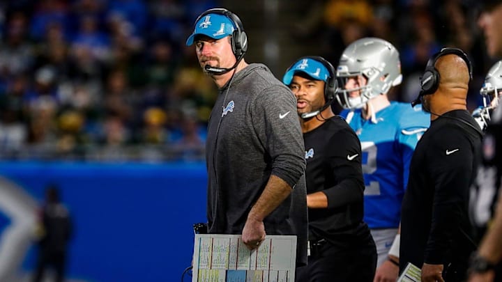 Detroit Lions head coach Dan Campbell watches a play against Green Bay Packers during the second half at the Ford Field in Detroit on Sunday, Jan. 9, 2022.
