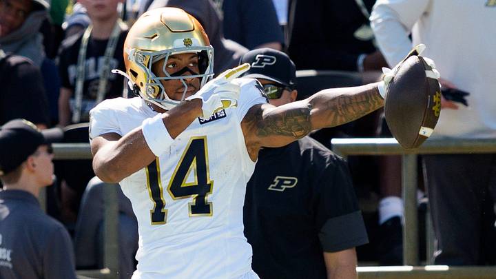Notre Dame wide receiver Micah Gilbert (14) celebrates after getting a first down during a NCAA football game against Purdue at Ross-Ade Stadium on Saturday, Sept. 26, 2026, in West Lafayette.