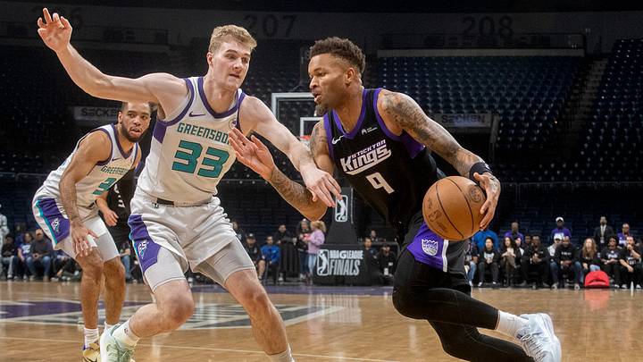 Stockton Kings’ Dexter Dennis, right, dries on Greensboro Swarm’s Liam McNeeley during the second game of the NBA G League basketball championship at the Adventist Health Arena in downtown Stockton on Apr. 10, 2026. The Kings lost 119-104. Stockton Kings’ Dexter Dennis, right, dries on Greensboro Swarm’s Liam McNeeley during the second game of the NBA G League basketball championship at the Adventist Health Arena in downtown Stockton on Apr. 10, 2026. The Kings lost 119-104.