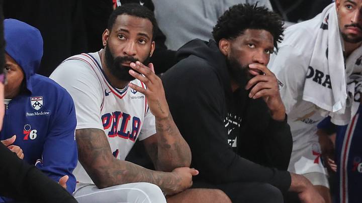 May 6, 2026; New York, New York, USA; Philadelphia 76ers centers Andre Drummond (1) and Joel Embiid (not in uniform) sit on the bench during game five of the second round of the 2026 NBA Playoffs against the New York Knicks at Madison Square Garden. Mandatory Credit: Wendell Cruz-Imagn Images May 6, 2026; New York, New York, USA; Philadelphia 76ers centers Andre Drummond (1) and Joel Embiid (not in uniform) sit on the bench during game five of the second round of the 2026 NBA Playoffs against the New York Knicks at Madison Square Garden. Mandatory Credit: Wendell Cruz-Imagn Images