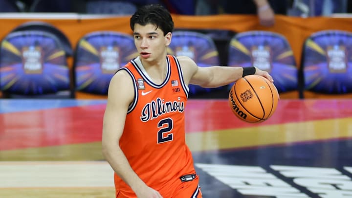 Apr 4, 2026; Indianapolis, IN, USA; Illinois Fighting Illini guard Andrej Stojakovic (2) warms up before a semifinal of the Final Four of the men's 2026 NCAA Tournament against the UConn Huskies at Lucas Oil Stadium. Mandatory Credit: Trevor Ruszkowski-Imagn Images