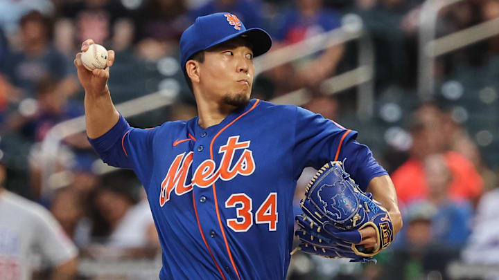 Aug 7, 2023; New York City, New York, USA; New York Mets starting pitcher Kodai Senga (34) delivers a pitch during the first inning against the Chicago Cubs at Citi Field. Mandatory Credit: Vincent Carchietta-Imagn Images Aug 7, 2023; New York City, New York, USA; New York Mets starting pitcher Kodai Senga (34) delivers a pitch during the first inning against the Chicago Cubs at Citi Field. Mandatory Credit: Vincent Carchietta-Imagn Images