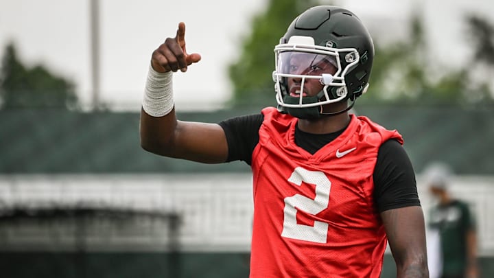 MSU QB Aidan Chiles seen Tuesday, July 29, 2025, during the first day of football practice at the Skandalaris Football Center.